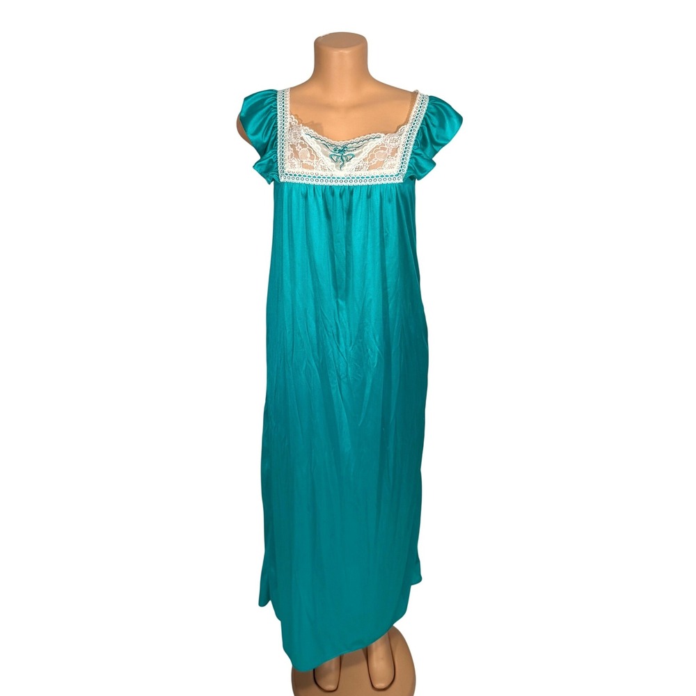 Vintage Vandemere Teal Blue Nylon Lace Nightgown Maxi Dress Embroidery‎ Size M